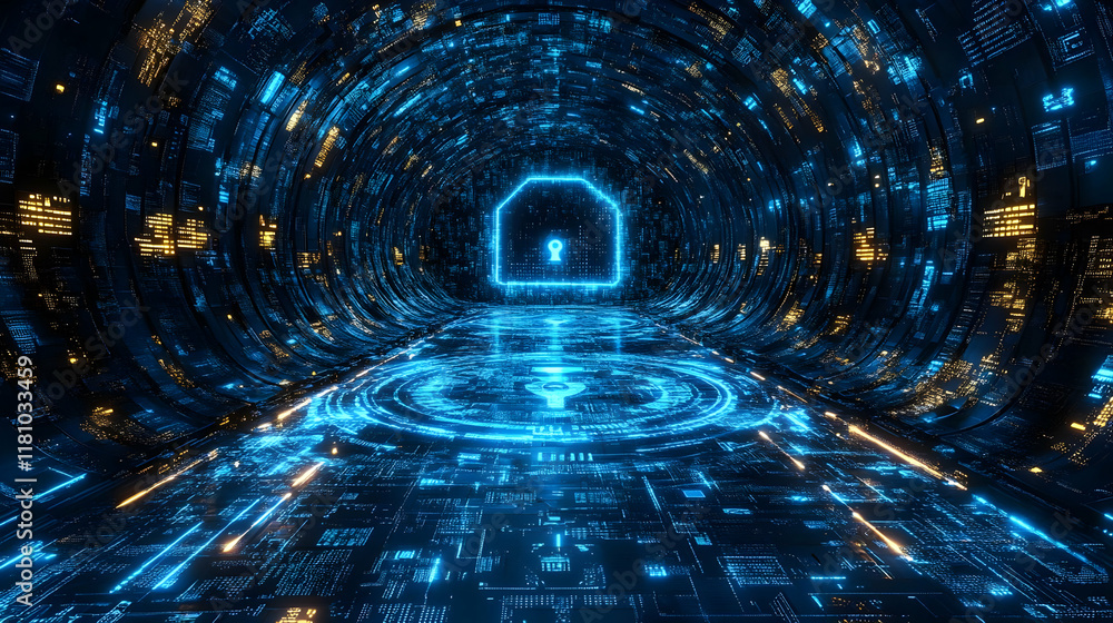 Poster futuristic tunnel leads to digital lock: secure data path in cyberspace