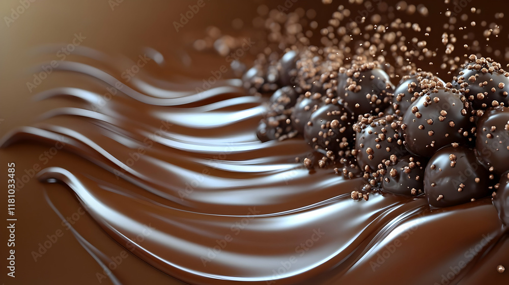 Poster Chocolate balls splash into a smooth, flowing river of decadent chocolate creating a visually appealing delight.