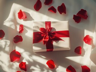 Romantic Valentines gift box with red ribbon surrounded by rose petals
