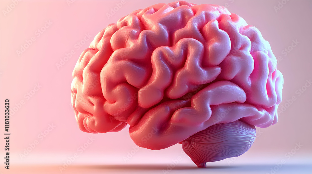 Poster 3d pink brain model shows complex structure and neural pathways in detail