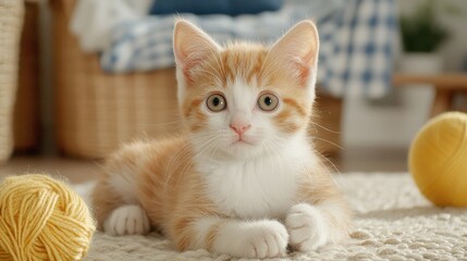Playful kitten engaging with yarn balls in a cozy living room environment adorable pet photography