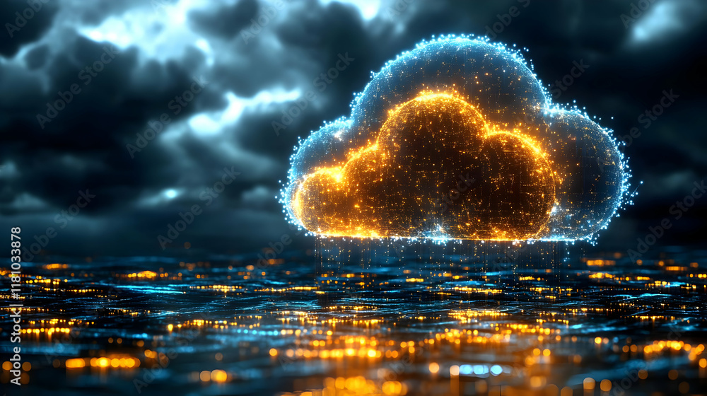 Aufkleber glowing cloud computing data storage above a dark ocean reflects in rippling waves
