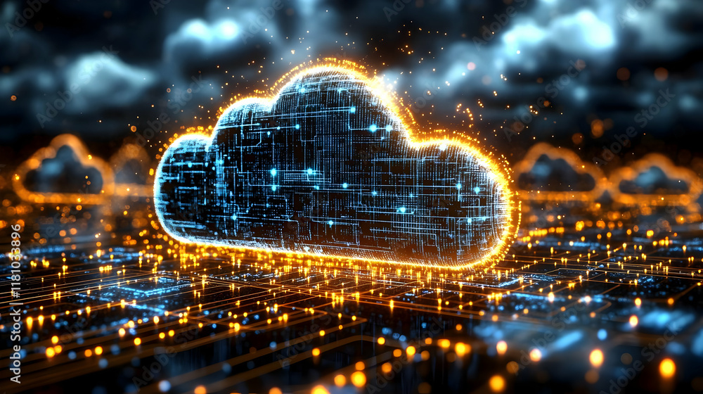 Poster 3d cloud computing illustration shows data transfer and storage on a circuit board with glowing line