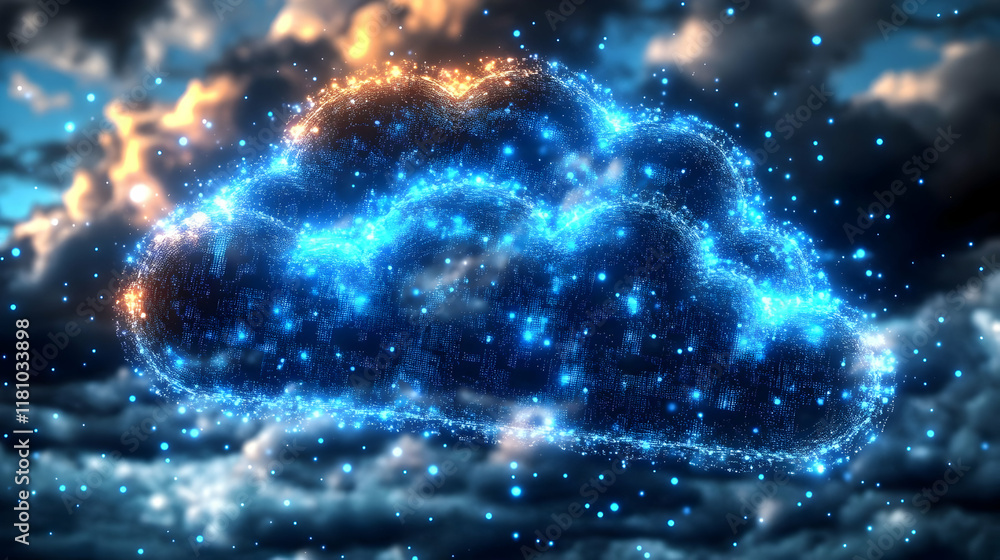 Poster digital cloud computing data storage floats elegantly in cloudy sky with blue and gold