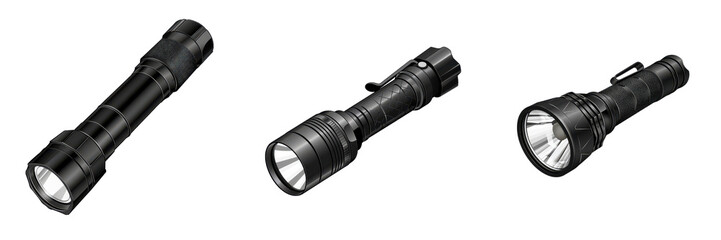 A sleek black flashlight designed for durability and bright illumination, perfect for camping, emergency kits, and outdoor adventures.. Illustration, png isolated on an empty background