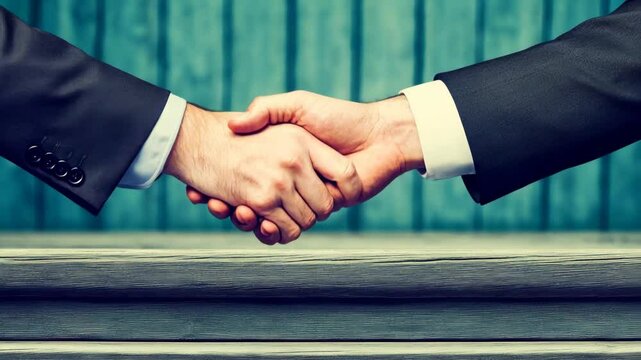 Business partners engage in a handshake to celebrate a successful agreement in a formal environment with a wooden table