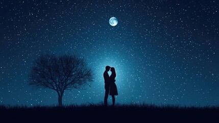 Romance embrace concept. A romantic couple shares a tender kiss under a starry night sky with a glowing moon.