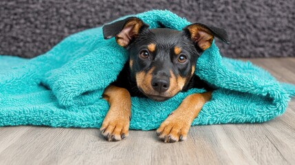 Cozy dog relaxing under soft blanket indoor living room pet photography warm atmosphere close-up view comfort concept