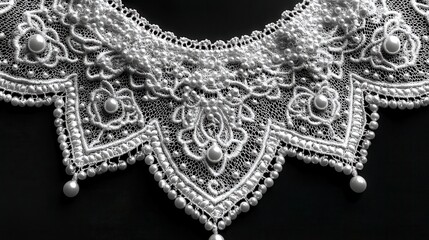 Obraz premium Elegant white pearl and lace collar necklace on black background.