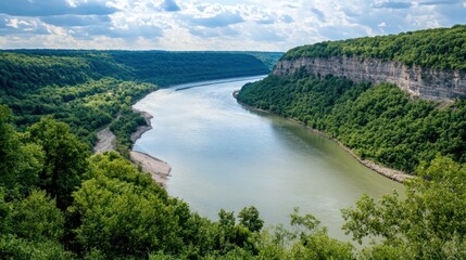Majestic River Bend Surrounded by Lush Green Cliffs and Forests Under a Partly Cloudy Sky