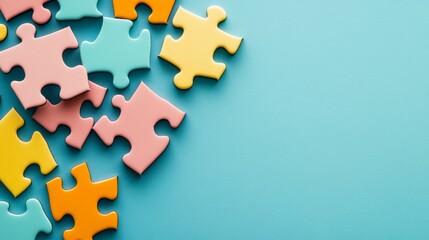 Colorful puzzle pieces on a blue surface representing teamwork and creativity.