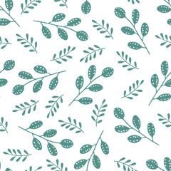 Seamless botanical pattern with green branches and leaves on a white background
