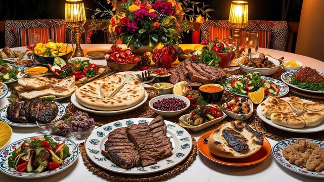 Lavish feast layout features diverse dishes, vibrant colors, and warm lighting, creating inviting atmosphere for gatherings