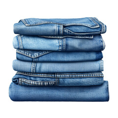 Stack of folded blue denim jeans isolated on transparent background.