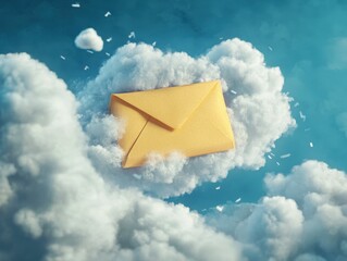 Flying tax submission envelope against cloudy sky creative illustration digital aerial view tax and finance concept