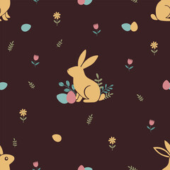 Seamless Easter pattern with bunny, Easter eggs and flowers on dark brown background