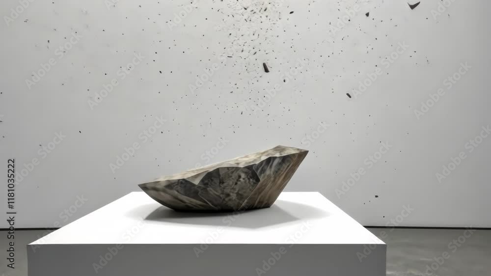Poster dynamic art installation features abstract sculpture, exploring space and creativity in minimalist g