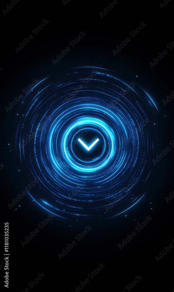 Aufkleber futuristic digital blue circular pattern with arrow in motion on dark background for technology them