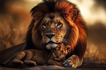 Fototapeta premium A heartwarming bond between a male lion and his cub.