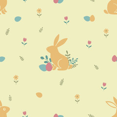 Seamless Easter pattern with bunny, Easter eggs and flowers on yellow background