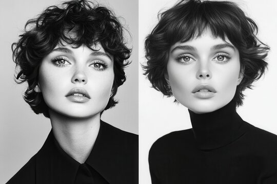 Two women with short, curly hairstyles, one with bangs, both in black and white.