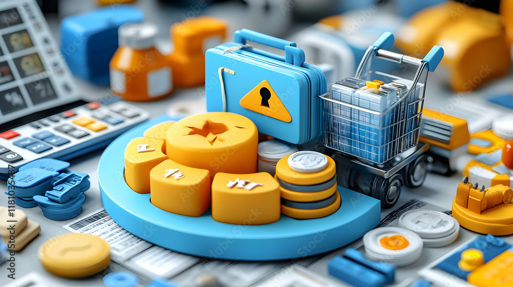 Poster 3d illustration of a shopping cart on a pie chart with icons representing data and security