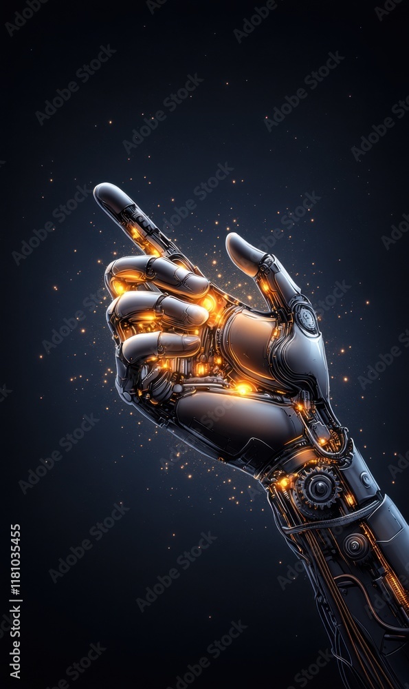 Poster futuristic robotic hand with glowing elements against dark background representing advanced technolo