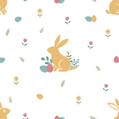 Seamless Easter pattern with bunny, Easter eggs and flowers on white background
