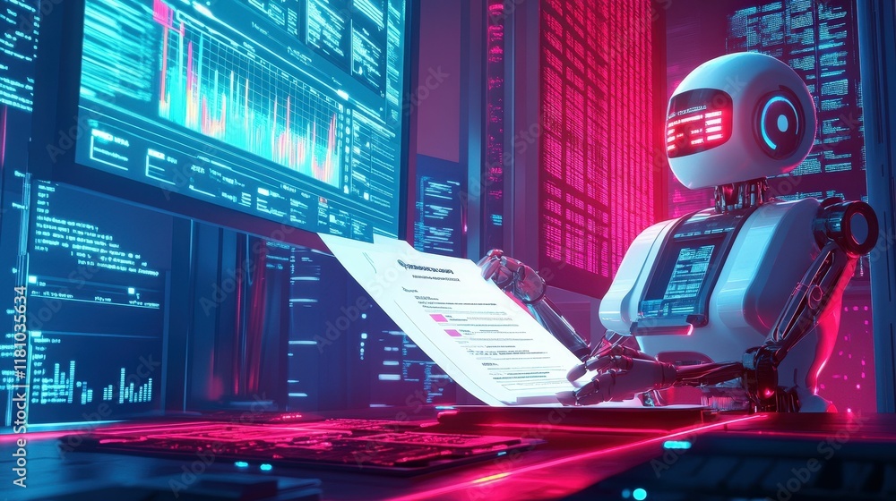 Poster futuristic robot tax filing process virtual office digital artwork high-tech environment close-up pe