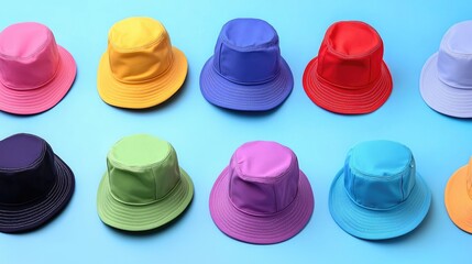 Colorful bucket hats display studio setting fashion photography vibrant environment close-up angle trendy accessories