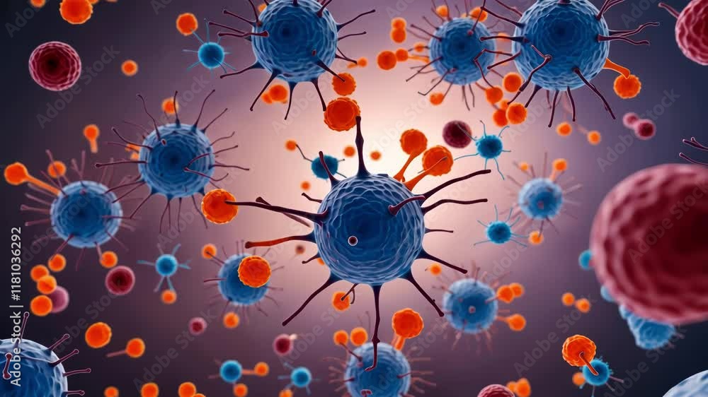 Poster dynamic visualization of viruses and cells in a microscopic environment showcasing interactions and 