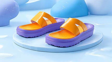 3D Illustration of Orange and Purple Platform Sandals on a Blue Podium with Abstract Shapes