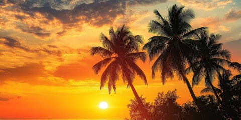 Fototapeta premium Silhouettes of coconut palm trees against a stunning sunset create a picturesque scene. The coconut palm trees enhance the beauty of the vibrant sunset, perfect for tropical imagery.