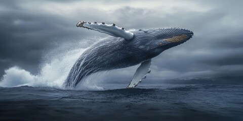 Humpback whale breaching in a stunning display of energy, showcasing the majestic beauty of the humpback whale in a coastal setting. Experience the awe of the humpback whale in its natural habitat.
