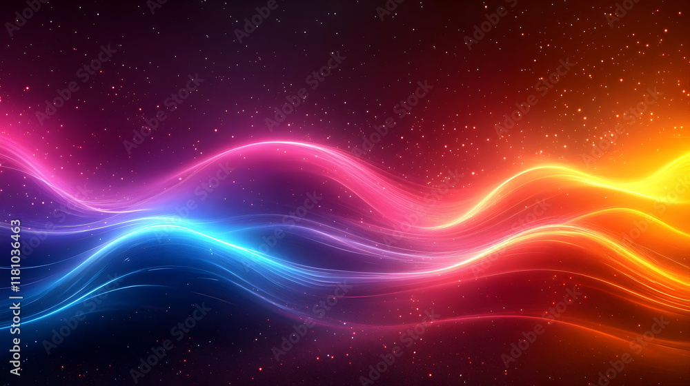 Poster abstract background with colorful light waves flowing smoothly across a starry sky
