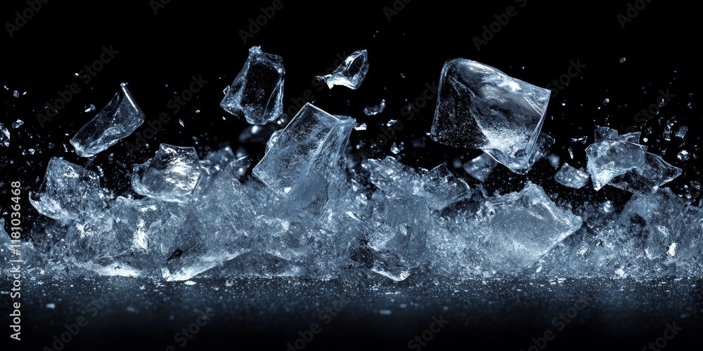 Poster crushed ice scattered against a dark background creates a striking visual. the dynamic shards of cru