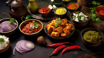 Delicious Indian Curry with Fresh Ingredients and Spices on Rustic Table. Ai generative