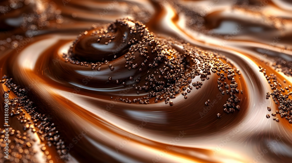 Poster liquid chocolate swirls with cocoa nibs creates a delicious background image.
