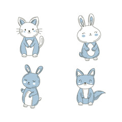 Set of Cute Blue Rabbit Fox Animal Cartoon Character Vignetting