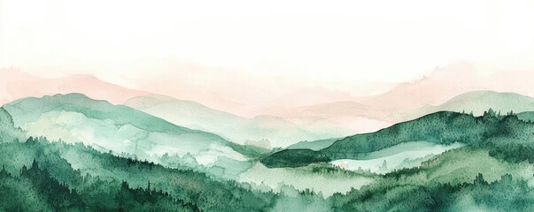 Watercolor abstract background idea. A serene watercolor landscape depicting rolling green hills and soft pastel skies.