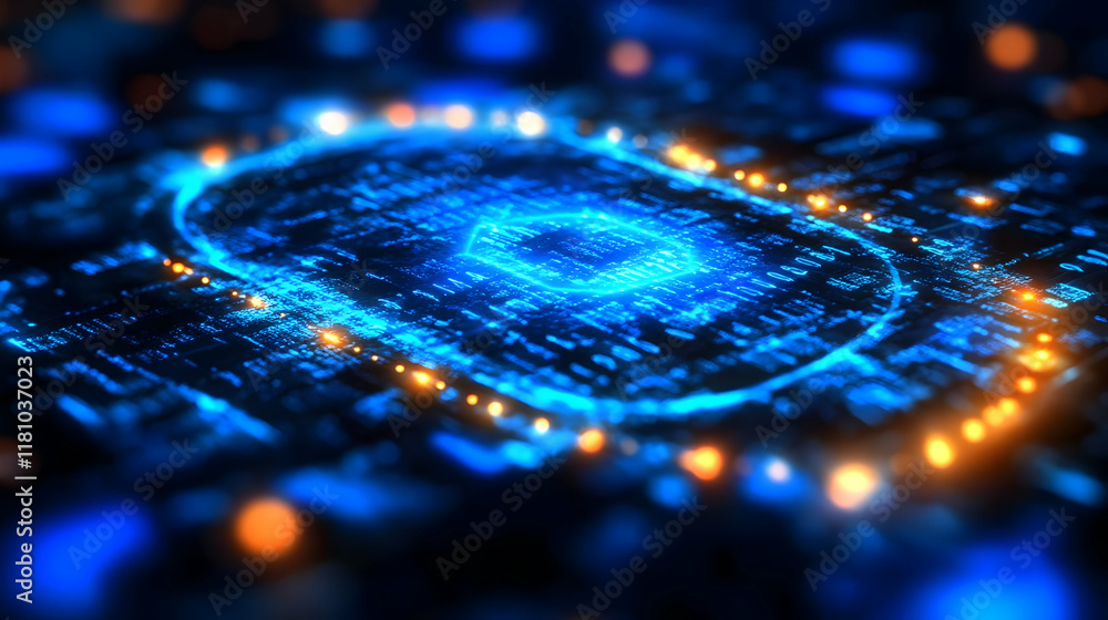 Poster futuristic digital shield protects data stream securely in cyberspace background