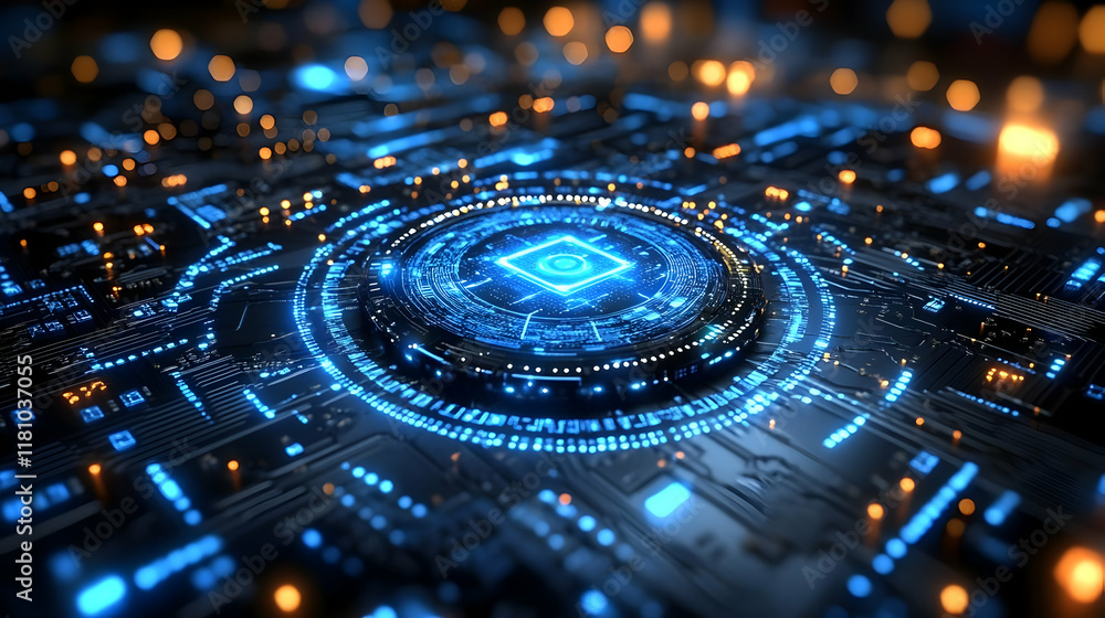 Poster futuristic circuit board with glowing core: a 3d render of advanced technology