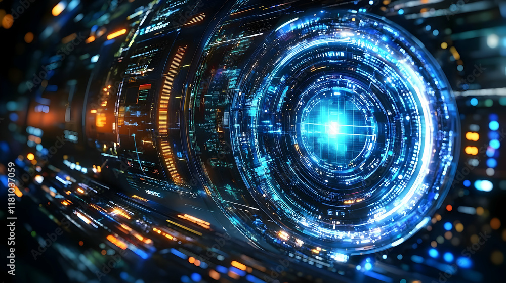 Poster futuristic hud interface displays data stream with glowing lights and digital elements