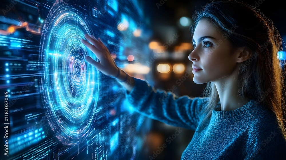 Poster woman interacts with futuristic digital interface with glowing circles and data streams.