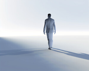 Obraz premium Minimalist Illustration of a Man Walking in a Serene Space with Long Shadow, Perfect for Business and Inspirational Concepts
