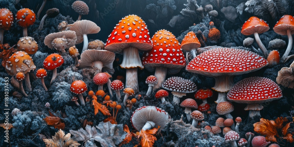 Poster vibrant mushrooms and fungi showcase striking red and white patterns with distinctive dots, creating
