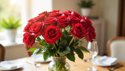 Obraz premium Bouquet of red roses on dining table with elegant setting