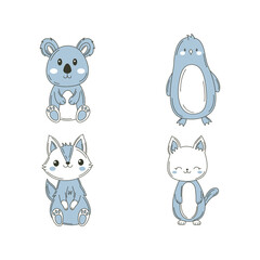 Set of Cute Blue Koala Penguin Fox Animal Cartoon Character Vignetting