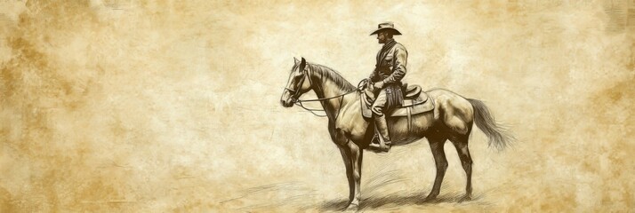 Naklejka premium A pencil sketch that captures the mood and feel of a cowboy on horseback. Features intricate details and soft shadows. Presented on a textured old paper background for a retro look.