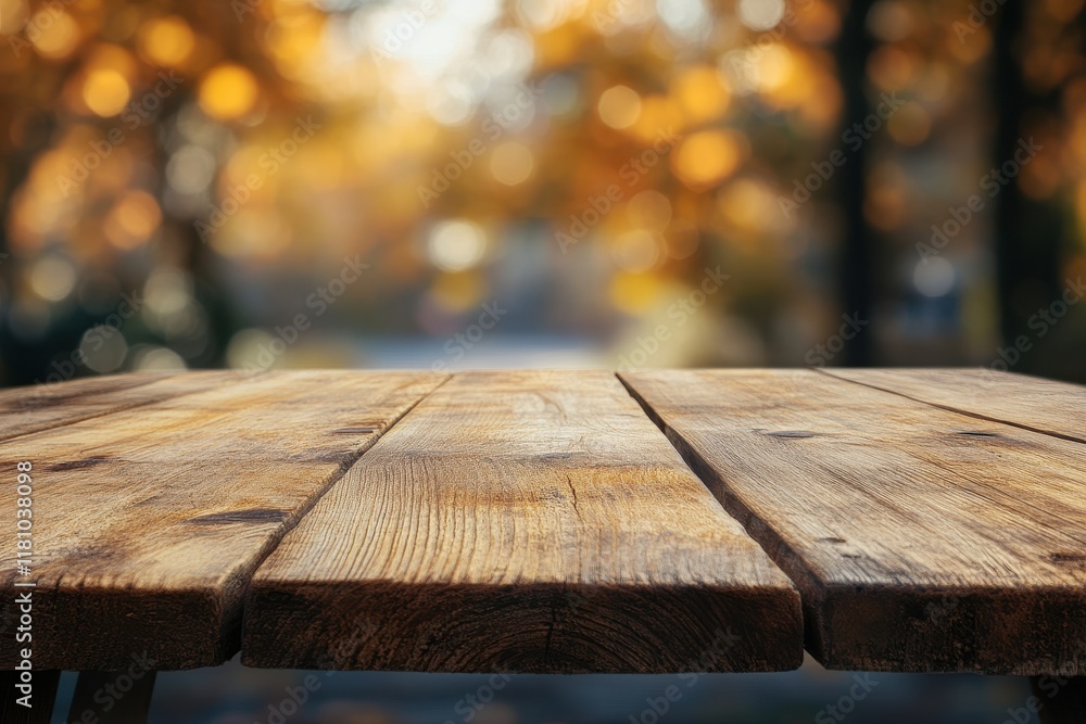 Poster rustic wooden table autumn park bokeh background product display